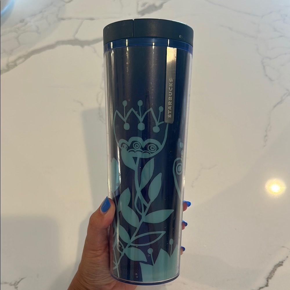 Starbucks Blue Accented Tumbler with Floral Poppy Tulip Design - 2013